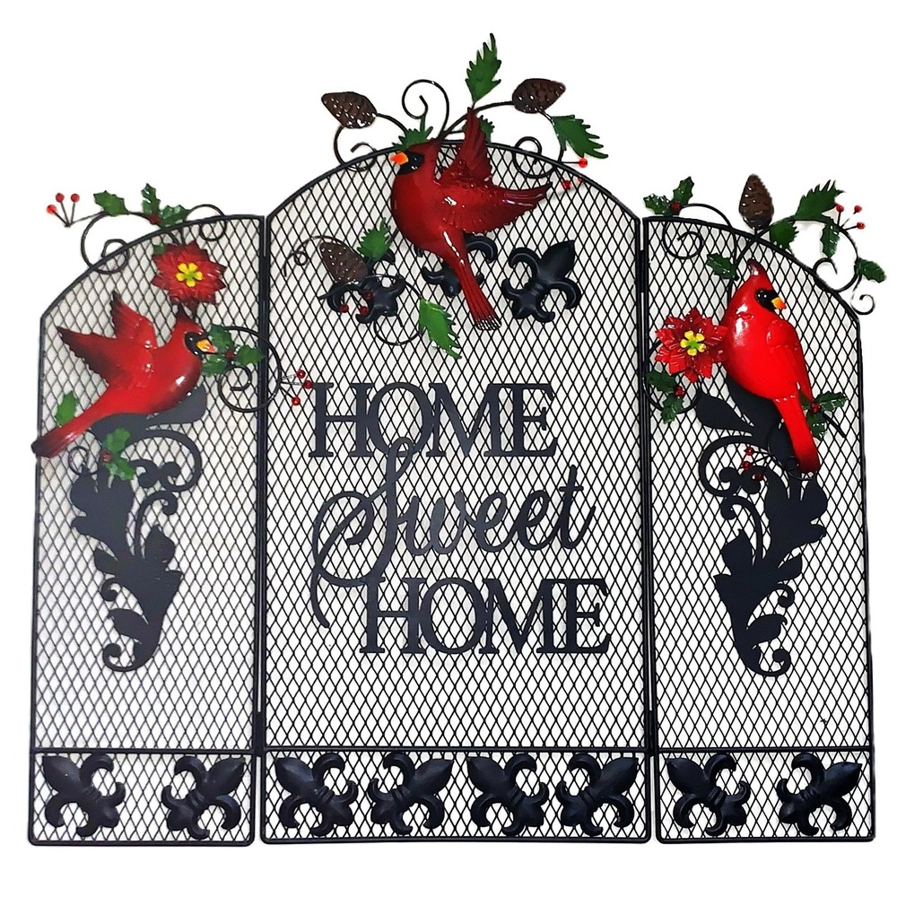 Fireplace Screen Metal Cardinal Christmas Winter Bird Home Sweet Home Fold 27x28